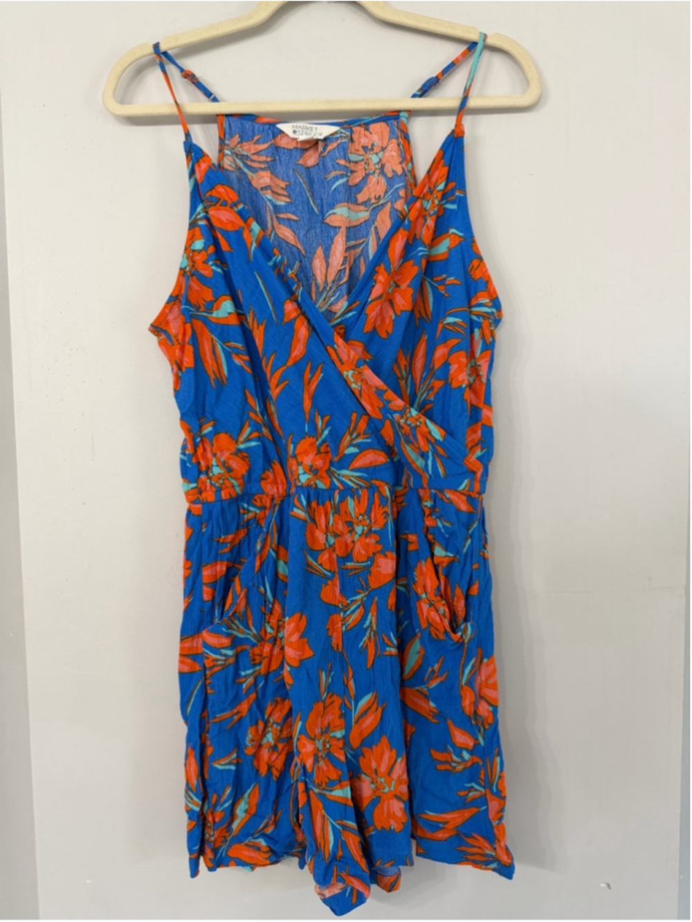 Market & Spruce Women’s Large blue orange floral tropical faux wrap top romper